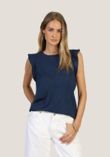 Dylan Women's Ruffle Crew Tank Navy flat lay