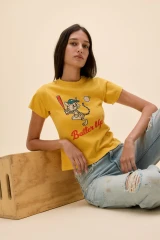Daydreamer Women's Batter Up Kitty Vintage Tee Yellow Honey Side