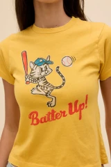 Daydreamer Women's Batter Up Kitty Vintage Tee Yellow Honey Detail