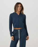 Vuori Women's Halo Mini Full Zip Hoodie Blue Coast Heather front