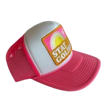 Local Beach Stay Golden Trucker Hat Neon Pink/White front