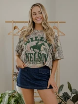 Livy Lu Women's Willie Nelson Arch Horse Licensed Camo Tee front
