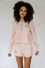 Happy Camp3r Women's Pink Peony Half Zip Scuba Hoodie ballet pink front view