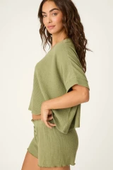 PJ Salvage Women's Soft Olive Rib Knit Short Sleeve Lounge Top front view