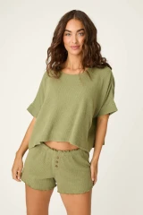 PJ Salvage Women's Soft Olive Rib Knit Short Sleeve Lounge Top back view