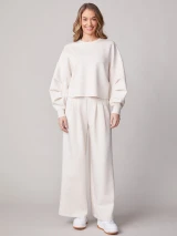Thrive Societe Women's Pleated Cropped Crew Pullover Heather Oatmeal Full
