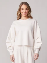 Thrive Societe Women's Pleated Cropped Crew Pullover Heather Oatmeal Front