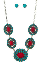 Western Statement Bib Necklace in Turquoise/Silver/Red front view