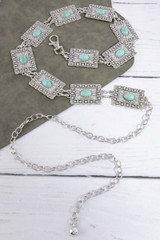 Fame Square Turquoise Concho Chain Statement Belt in Silver