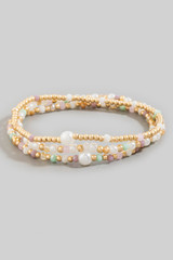 Fame Mixed Mini Metallic and Glass Beaded Bracelet Set in Gold/Pastel/Pearl detail view