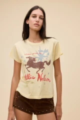 Daydreamer Women's Willie Nelson Horse Called Music Tee Sheer Yellow Front