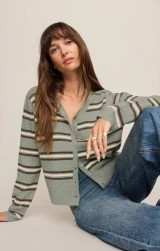 Z Supply Women's Medina Cozy Stripe Cardigan in Aqua Cloud detail