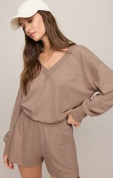 Z Supply Women's Everyday French Terry V-Neck Sweater in Heather Ash detail