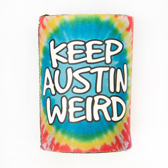 TYLER'S Keep Austin Weird Tie-Dye Koozie vibrant multicolored spiral pattern