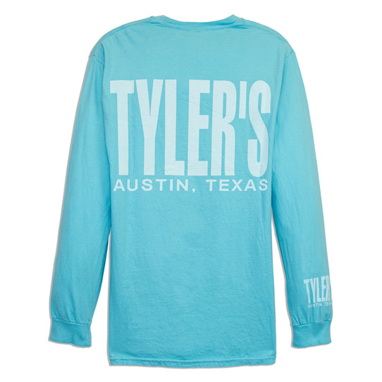 TYLER'S Light Blue Long Sleeve Comfort Color Pocket Tee Austin back view