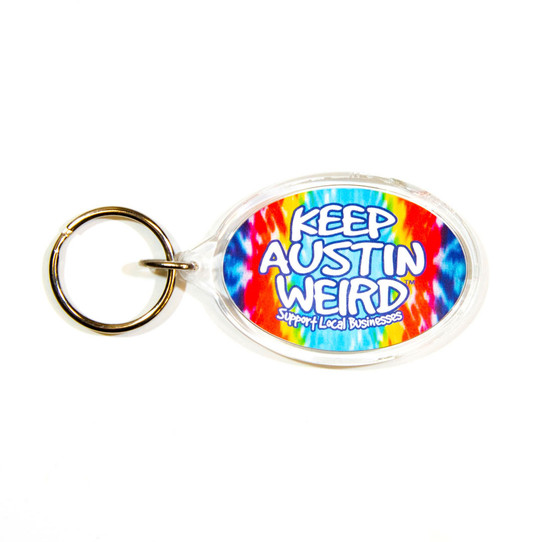 TYLER'S Keep Austin Weird tie-dye keychain in multicolor psychedelic pattern