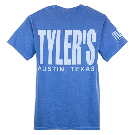 TYLER'S Blue Comfort Color Pocket Tee back angle Austin