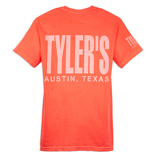 TYLER'S Neon Red Comfort Color Pocket Tee back view Austin