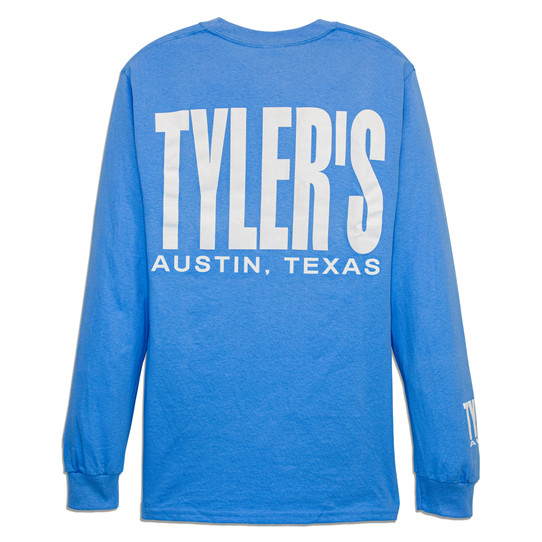 TYLER'S light blue and white long sleeve block tee back view