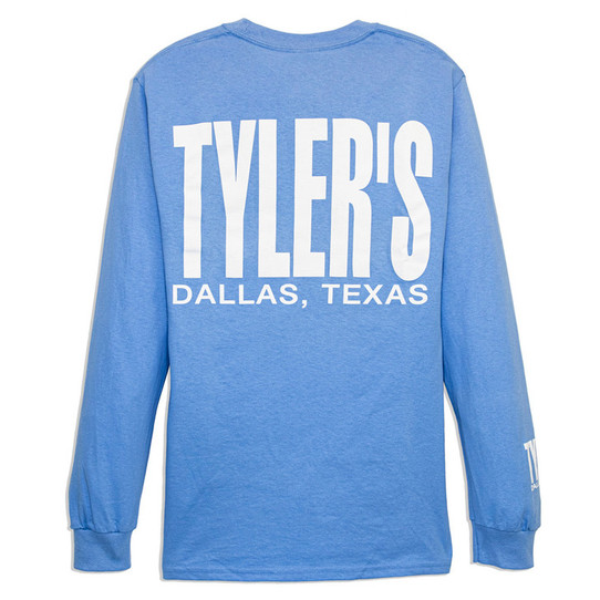 TYLER'S light blue and white long sleeve block tee, back view angle