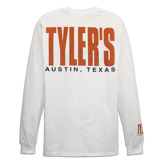 TYLERS block logo on the back with a smaller TYLERS on the front and right sleeve