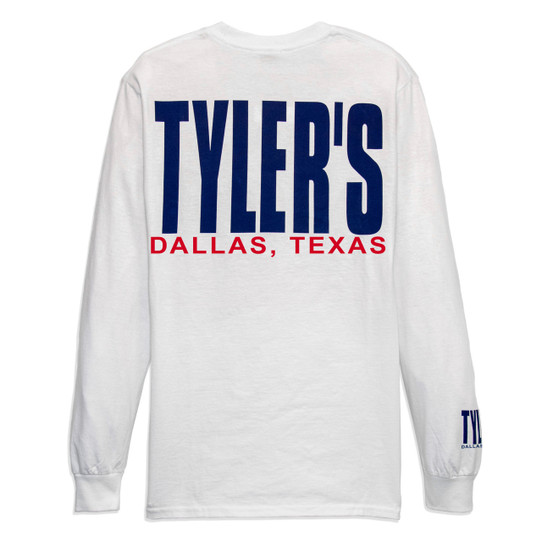 TYLER'S White/Navy Long Sleeve Block Tee back view Dallas