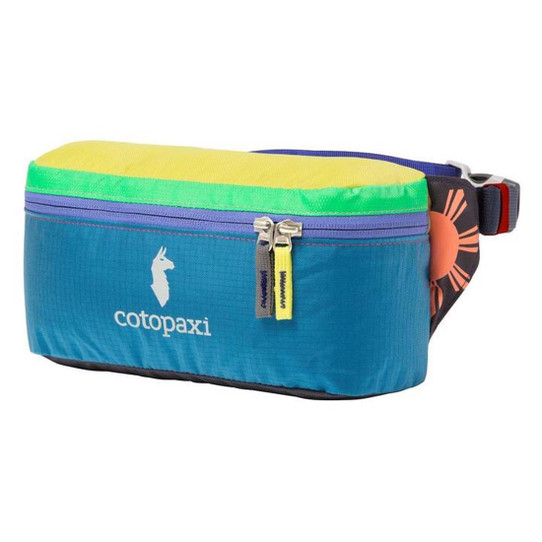 Cotopaxi Bataan 3L Del Día fanny pack in multicolor nylon with front pocket detail.