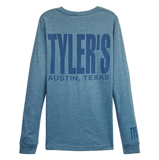 TYLER'S Heather Slate and Storm Blue Long Sleeve Track Tee back view Austin