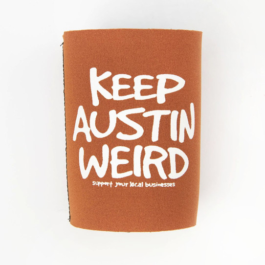 Keep Austin Weird koozie in teal with white text design
