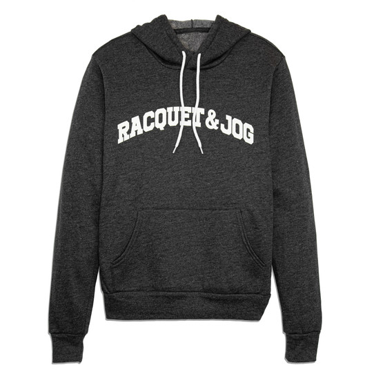 Racquet & Jog pullover hoodie in navy blue with white drawstrings