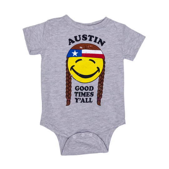 TYLER'S Austin Good Times Y'all Onesie in cream with graphic print design