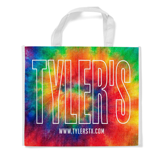 TYLER'S Reusable Tote Bag in tie dye pattern with multicolored swirls