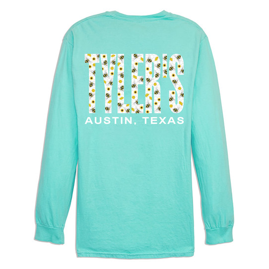 TYLER'S Bee Long Sleeve Comfort Color Tee in heather gray, back view