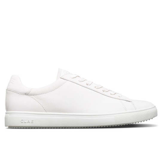 Clae Women's Bradley shoe in white leather with white sole, lateral view