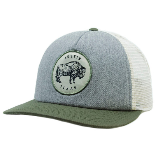 TYLER'S Austin, Texas Buffalo Trucker Hat tan and brown mesh side view