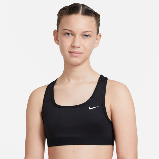 Nike Girls' Swoosh Sports Bra in black with white Swoosh logo