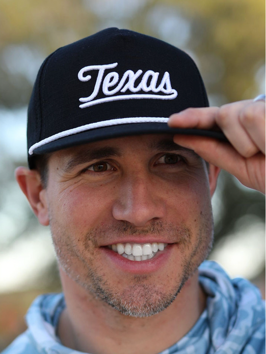 Burlebo Men's Texas Script Snapback in navy blue with embroidered lettering