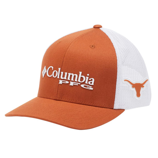 Columbia PFG Mesh Texas Longhorns Trucker Hat in burnt orange and white detail view