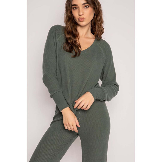 PJ Salvage Women's Textured Essentials Long Sleeve Top in Sage Leaf colorway