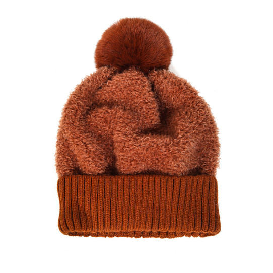 Fame Accessories Faux Teddy Knit Pom Beanie in brown