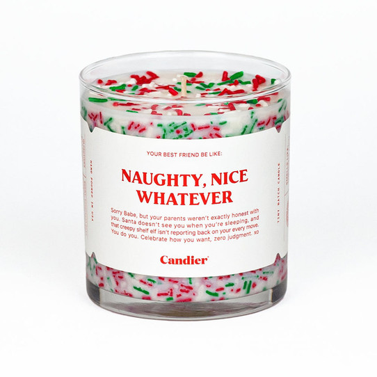 Candier Candles Naughty Nice Whatever scented candle in neutral cream jar