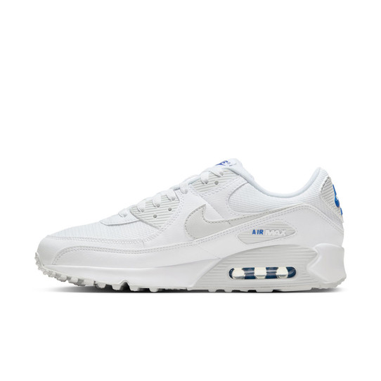 The Nike Men's Air Max 90 Shoes in White, Photon Dust, and Game Royal