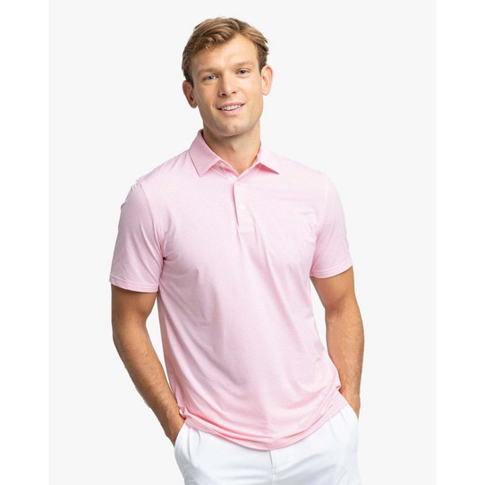 The brrr°-eeze Meadowbrook Stripe Polo in Geranium Pink colorway