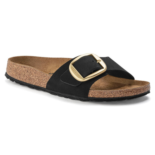 The Birkenstock Women's Madrid Big Buckle Sandal in the colorway Black Nubuck