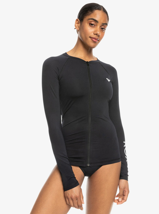 Roxy Women's New Essentials Long Sleeve Zip-Up Rashguard in anthracite colorway