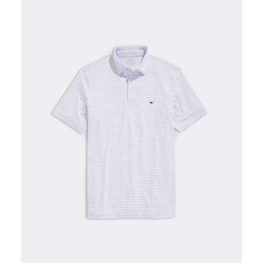 The Vineyards Vines Men's Tri-Color St. Jean Stripe Sankaty Polo in Wht Cap/Oc Brz/Flam colorway