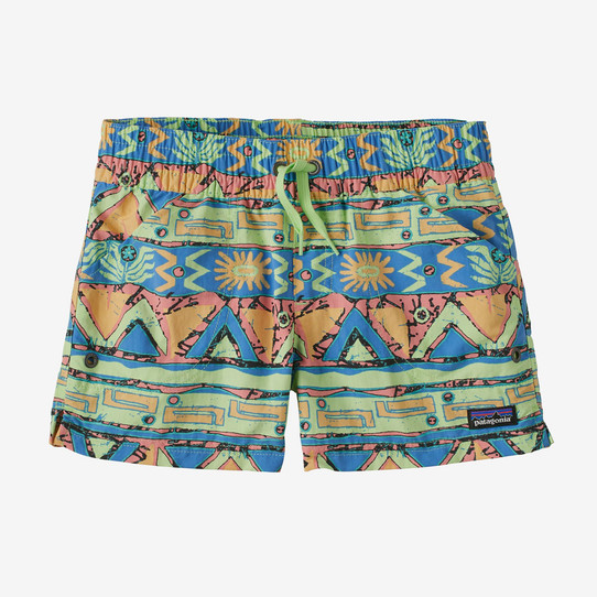 The Patagonia Girls' Costa Rica Baggies 3" Shorts in the High Hopes Geo: Salamander Green Colorway