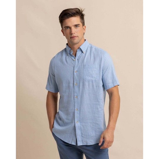 The Linen Rayon White Lotus Short Sleeve Sport Shirt Clearwater Blue colorway