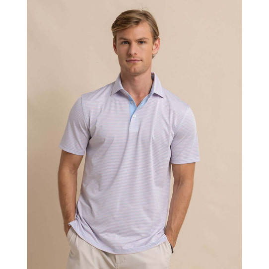 The Southern Tide Men's Driver Verdae Stripe Polo in Apricot Blush Coral colorway