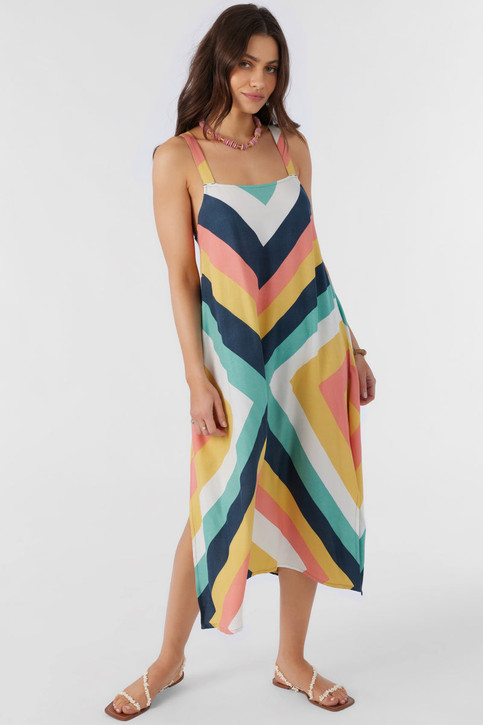 draped neck A-line dress in multi color colorway